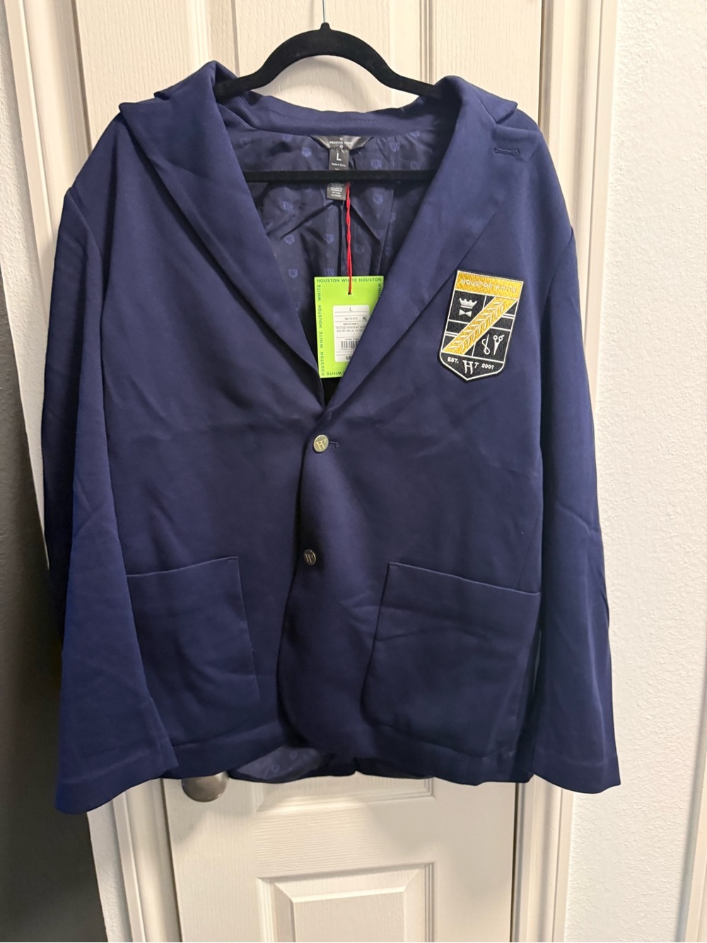 Houston White Men's Navy Blazer with Crest Patch